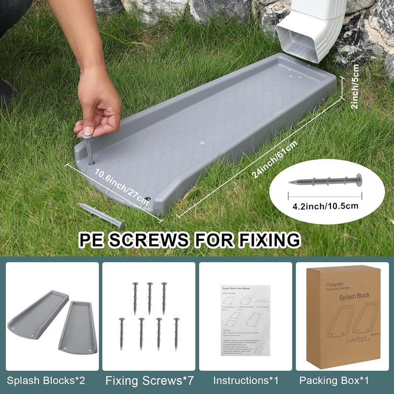 plusgutter Rain Gutter Downspout Splash Block, Gutter Downspout Extensions for Water Drainage, 24" Gutter Splash Guards Downspout Extender, Fixable Down spout Drain Trays with PE Nails(3 Pack, Gray) - Image 5
